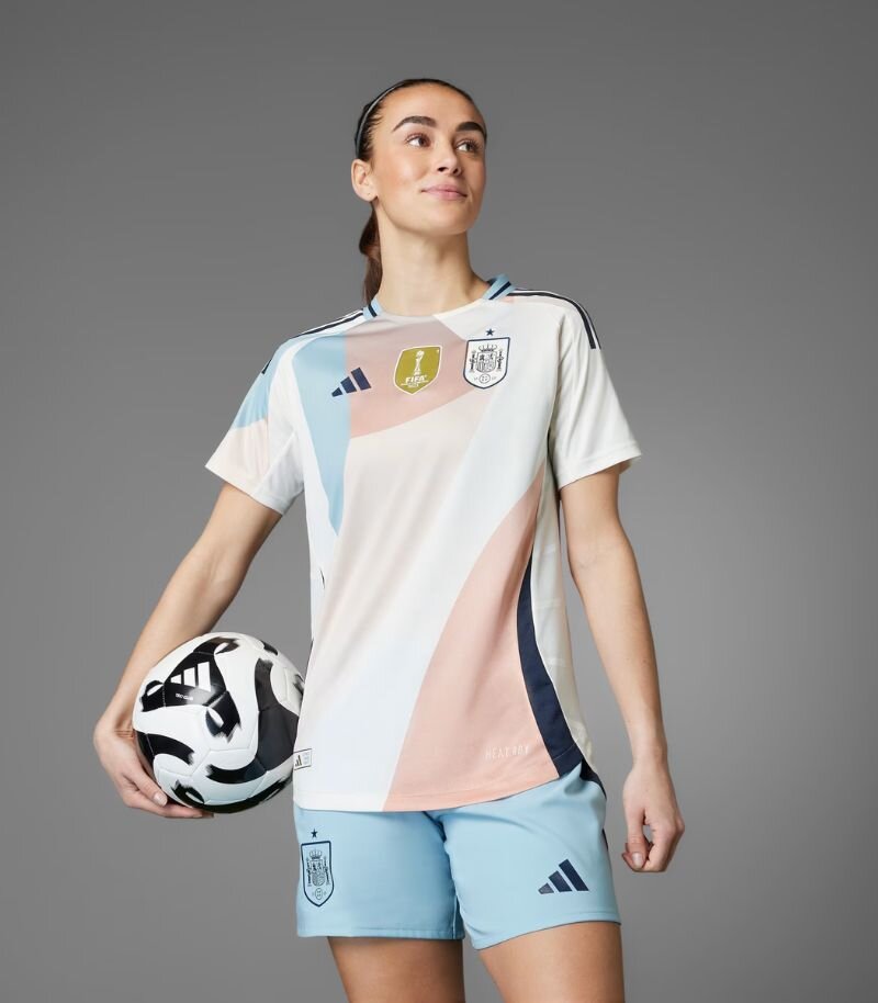 spain adidas away kit 2025 in white, pink and blue pastel colours